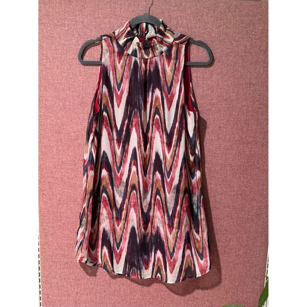 Tyche Large Sleeveless Mock Neck Chevron‎ Blouse Lurex Shimmer USA Made Top